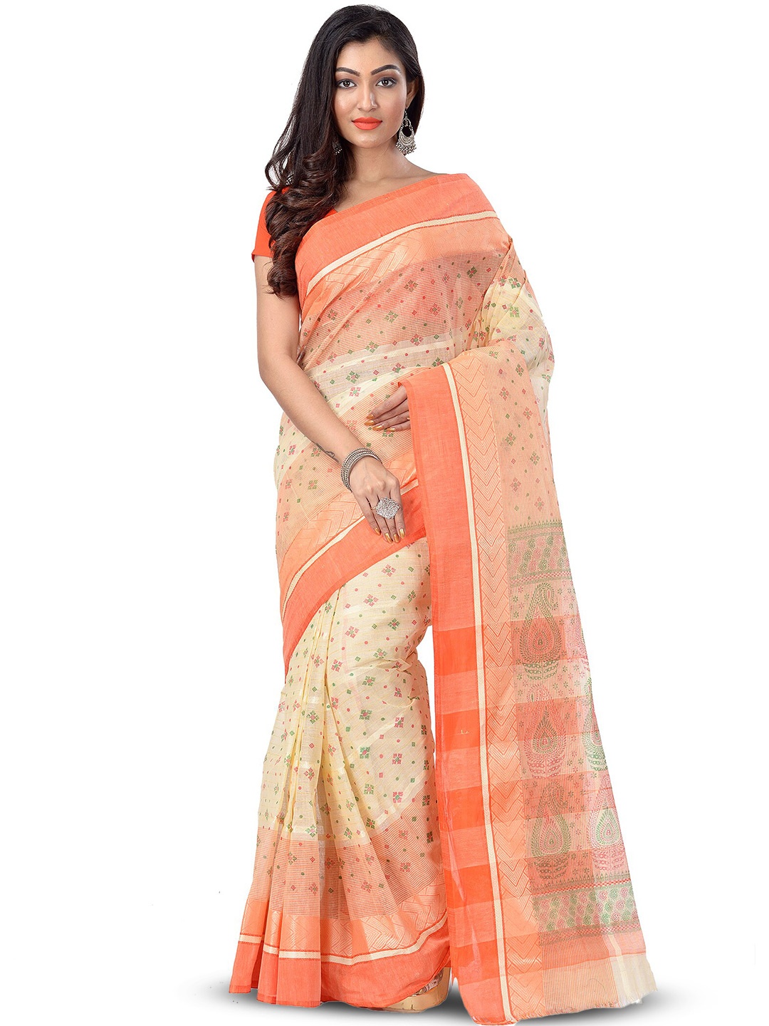 

Ruuprekha Printed Pure Cotton Handloom Taant Saree, Yellow