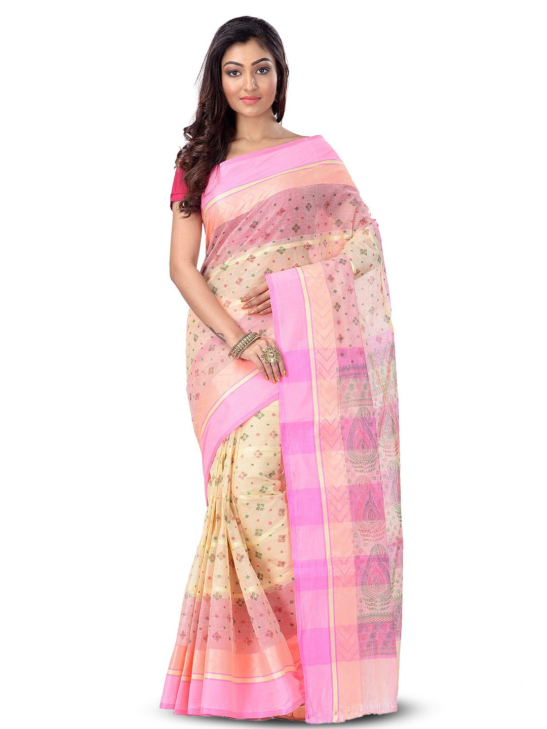 

Ruuprekha Printed Pure Cotton Taant Saree, Pink