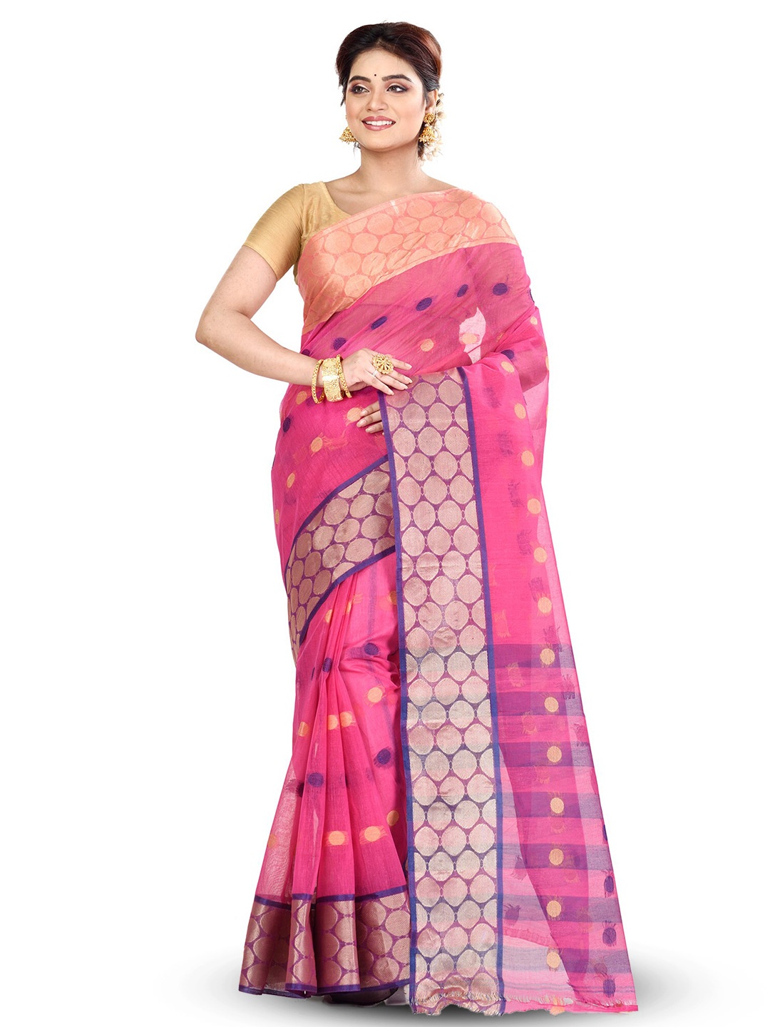 

Ruuprekha Woven Design Zari Pure Cotton Taant Saree, Pink