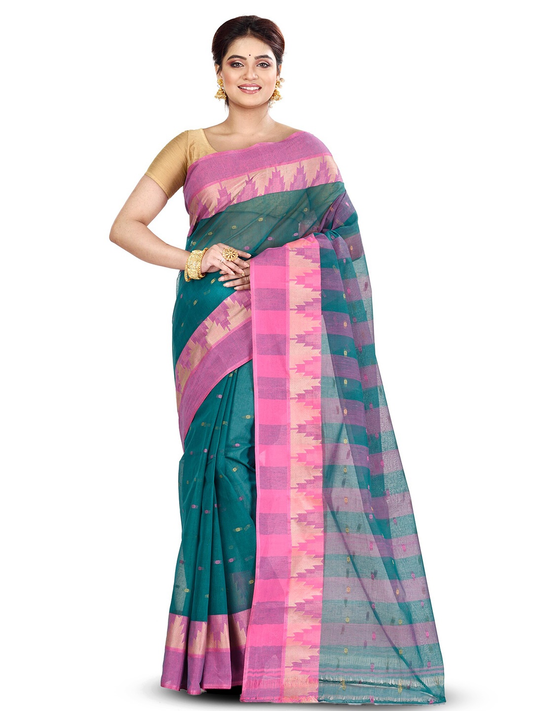 

Ruuprekha Woven Design Pure Cotton Taant Saree, Green