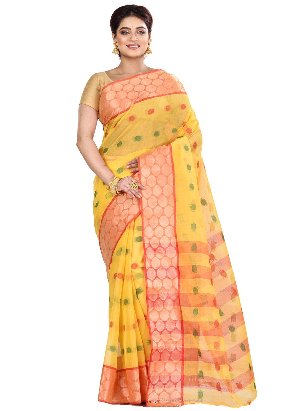 

Ruuprekha Polka Dot Zari Pure Cotton Taant Saree, Yellow