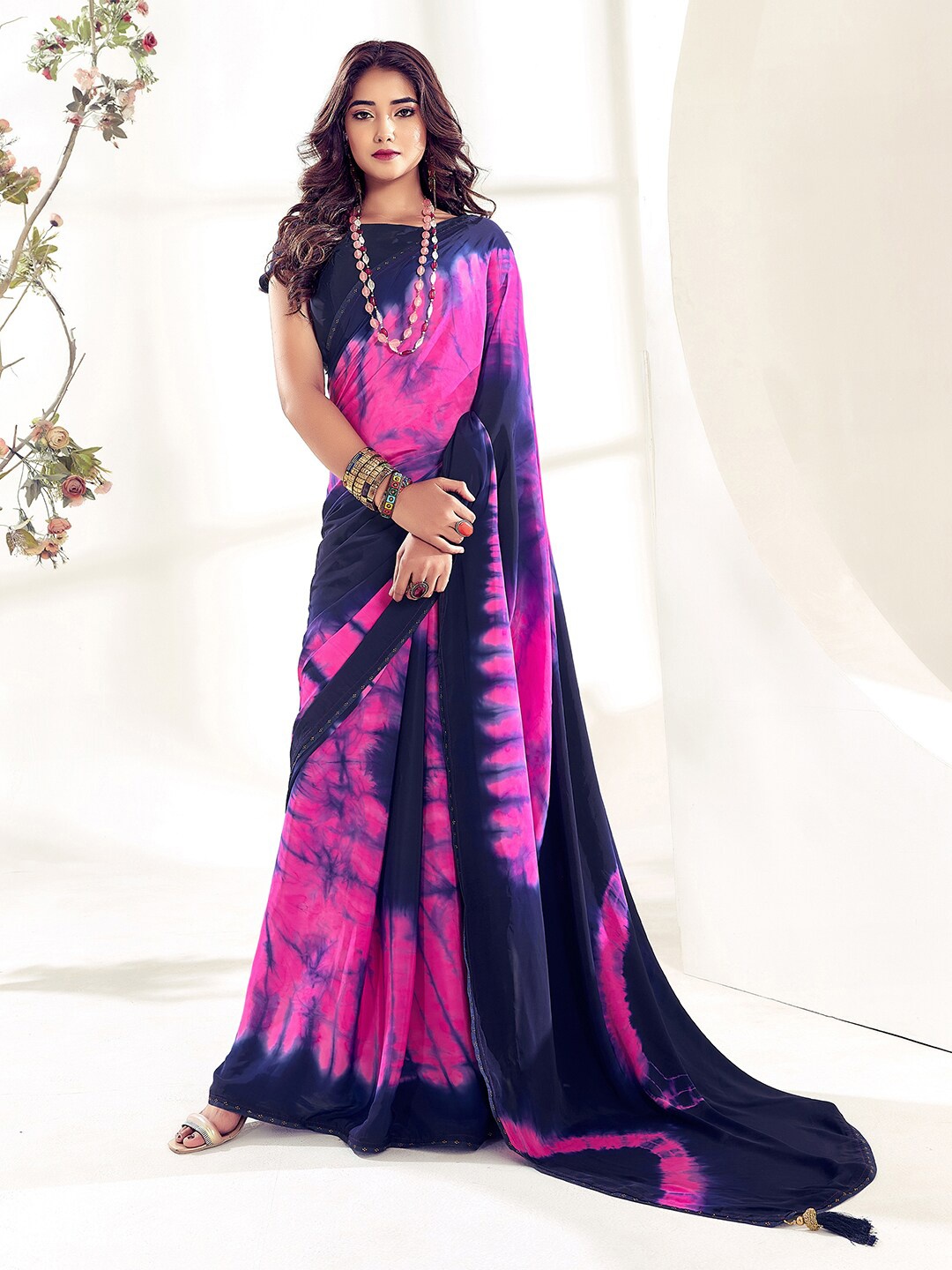 

SANSKAR Tie and Dye Pure Crepe Saree, Pink