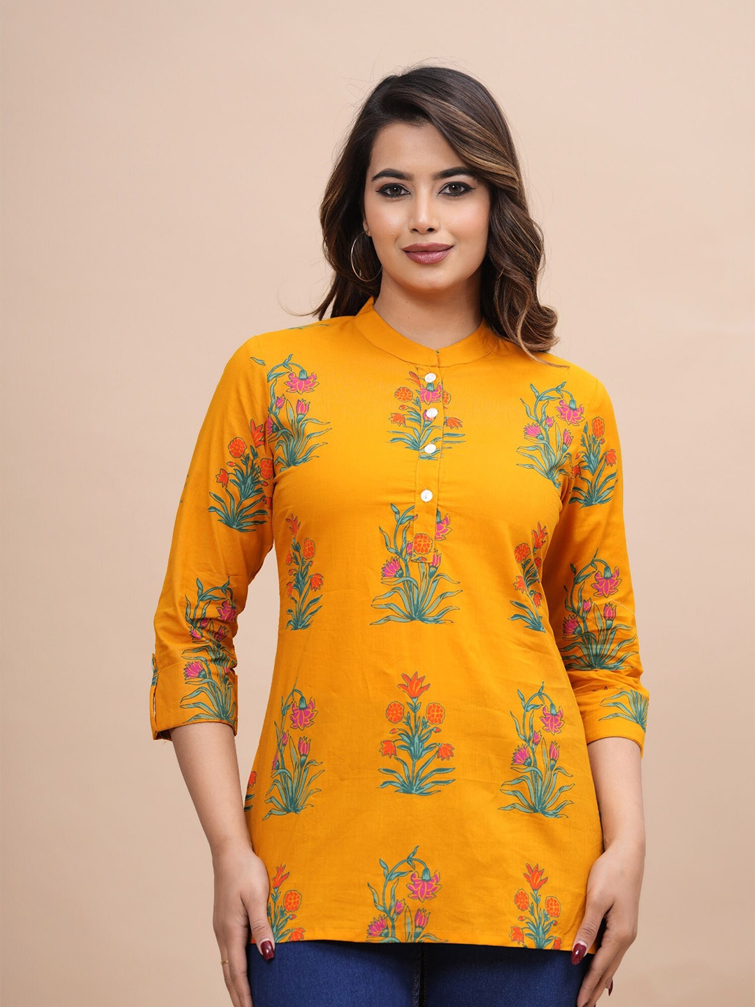 

BAESD Floral Print Mandarin Collar Three-Quarter Sleeves Cotton Top, Yellow