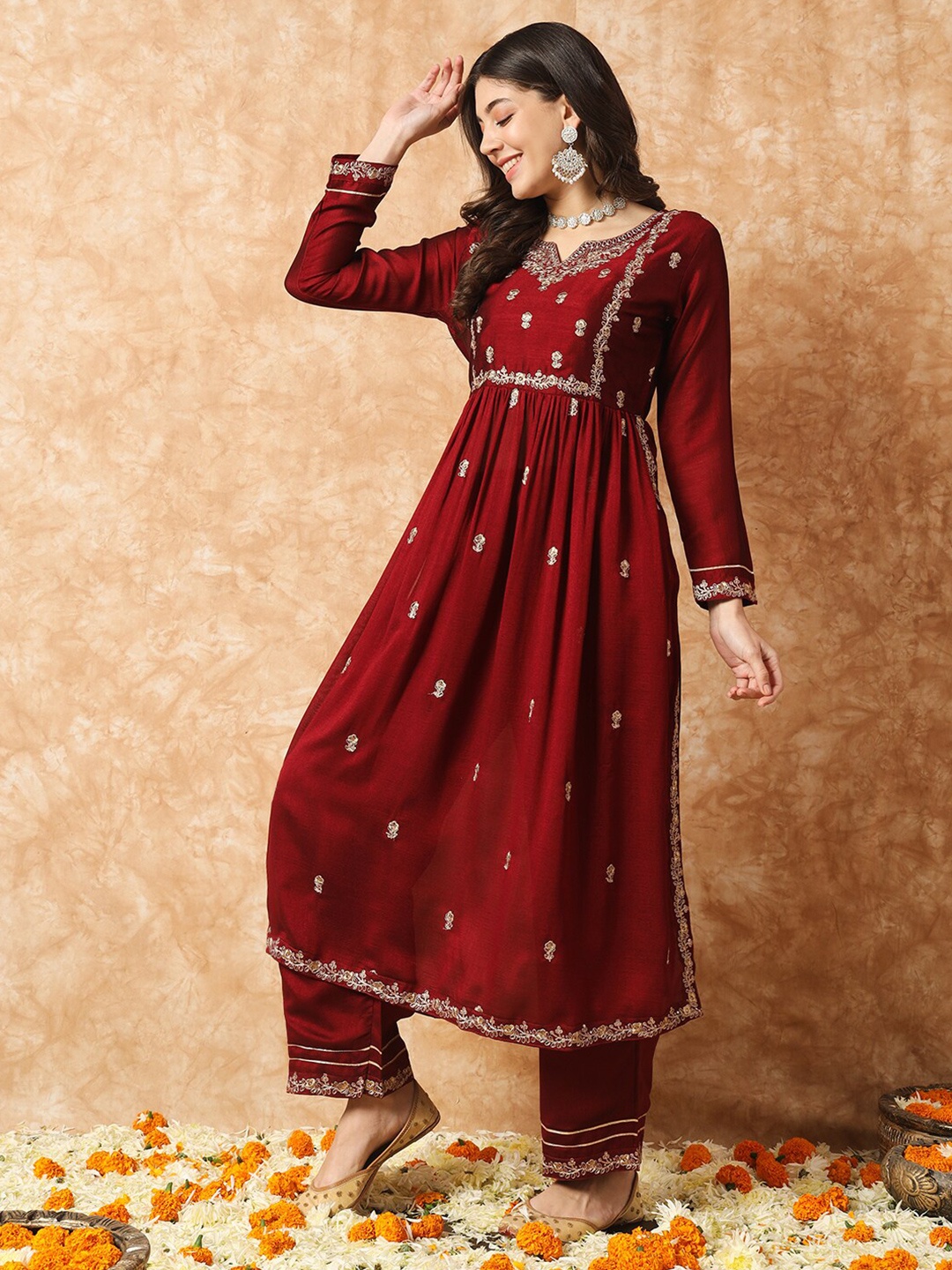 

KALINI Ethnic Motifs Embroidered Zardozi A-Line Kurta With Trousers, Maroon