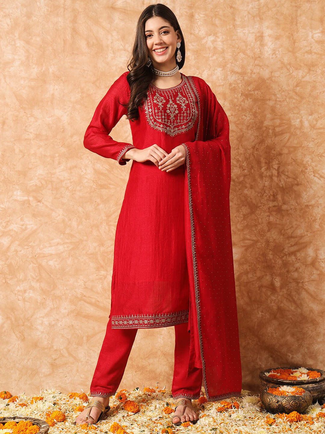 

KALINI Ethnic Motifs Embroidered Straight Kurta With Trousers & Dupatta, Red
