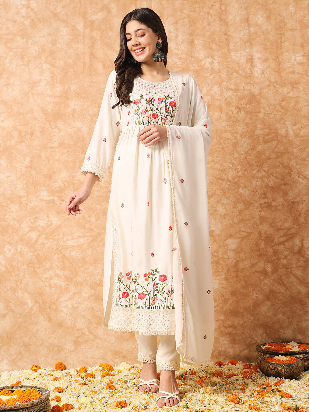 

KALINI Floral Embroidered Thread Work Straight Kurta With Trousers & Dupatta, Off white
