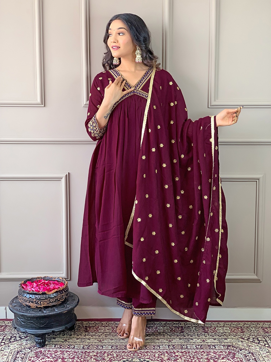 

KALINI Floral Embroidered A-Line Kurta With Trousers & Dupatta, Burgundy