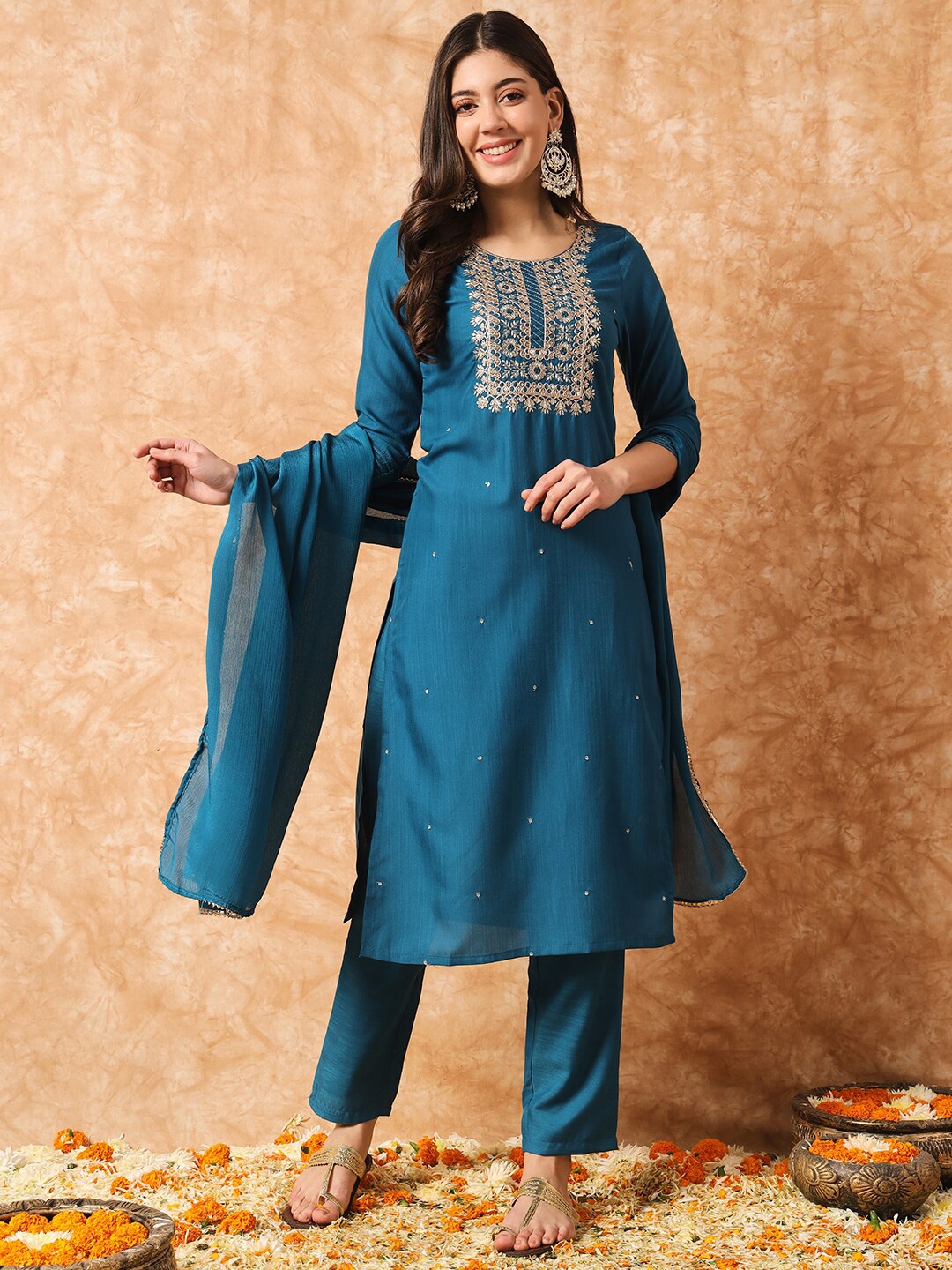 

KALINI Ethnic Motifs Embroidered Kurta With Trousers & Dupatta, Turquoise blue