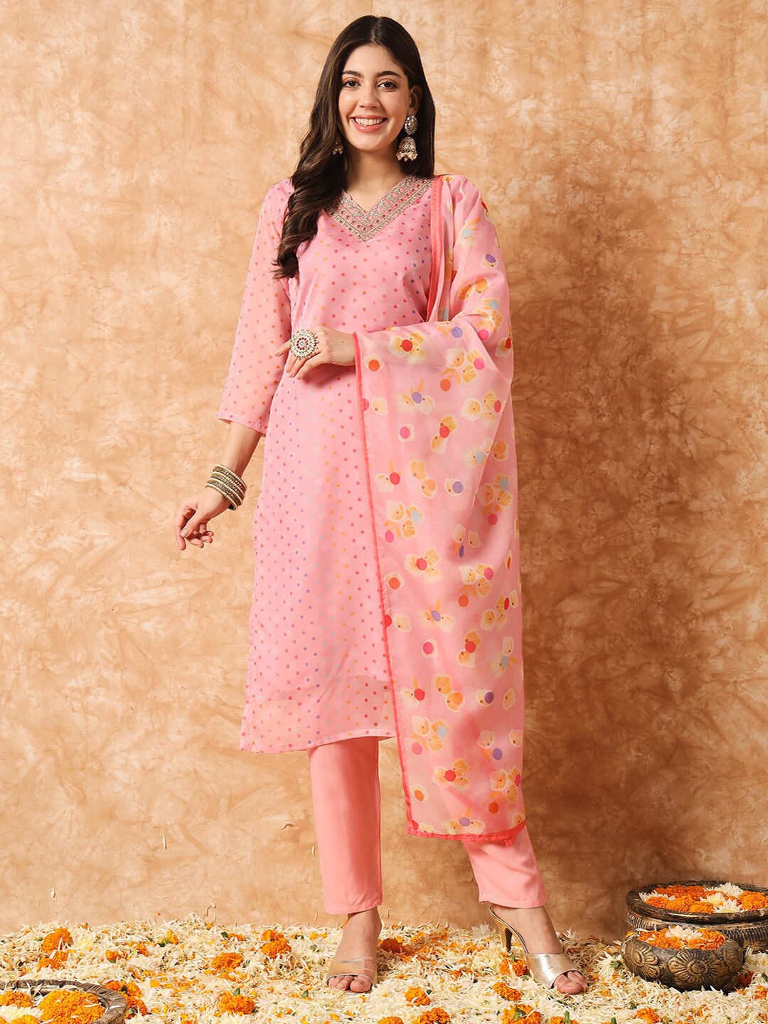 

KALINI Geometric Printed Thread Work Kurta With Trousers & Dupatta, Pink