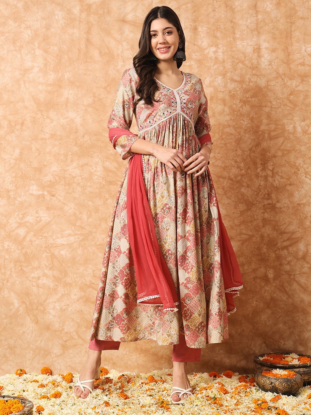 

KALINI Ethnic Motifs Printed Anarkali Kurta with Trousers & With Dupatta, Pink