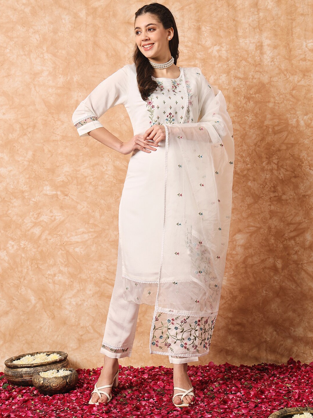 

KALINI Embroidered Regular Kurta with Trousers & With Dupatta, White