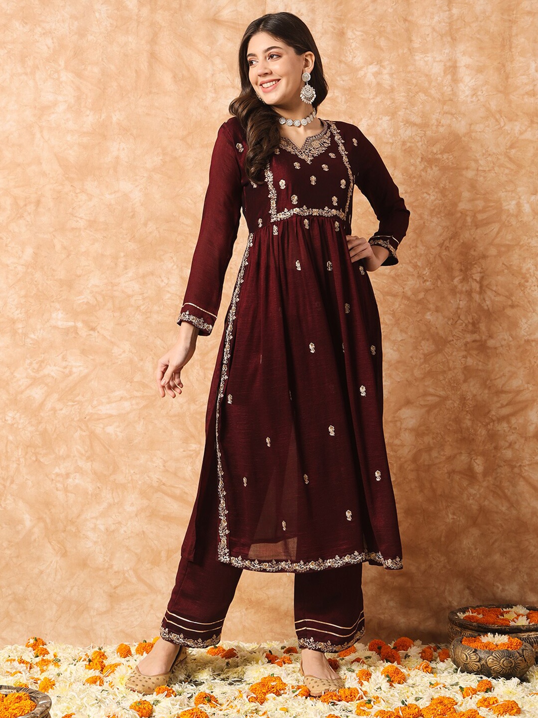 

KALINI Ethnic Motifs Embroidered Pleated Kurta with Trousers, Purple