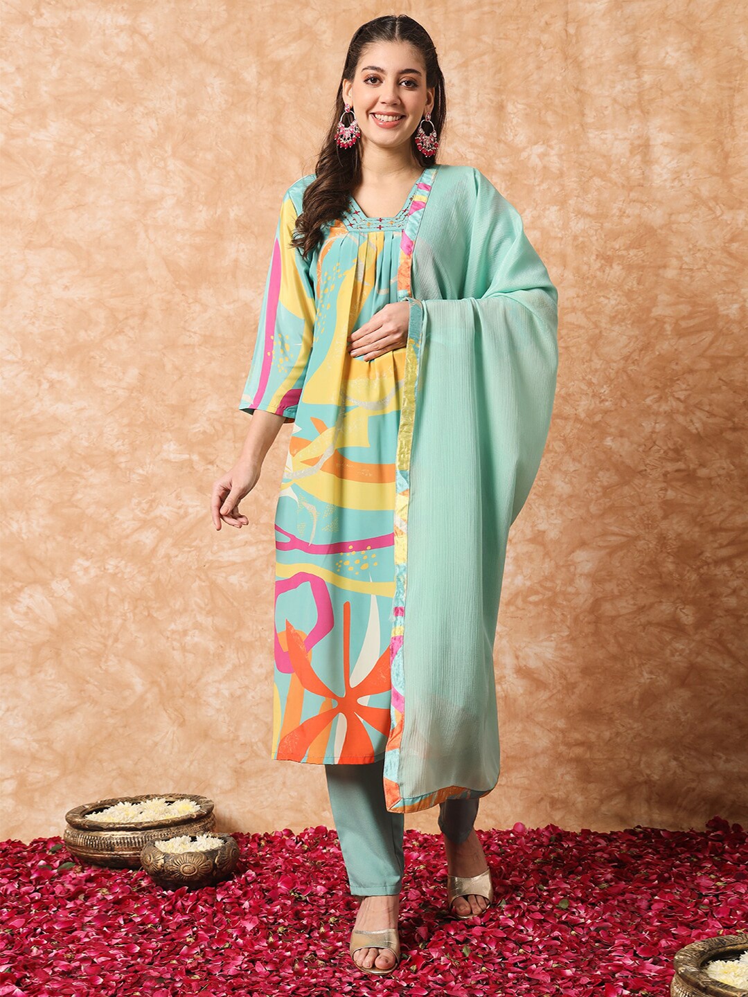 

KALINI Abstract Printed Thread Work Empire Kurta With Trousers & Dupatta, Turquoise blue