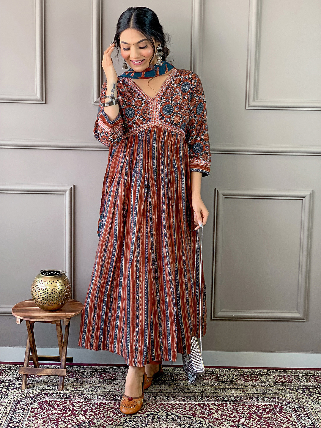 

KALINI Ethnic Motifs Printed Mirror Work Empire Pure Cotton Kurta with Trousers & Dupatta, Red