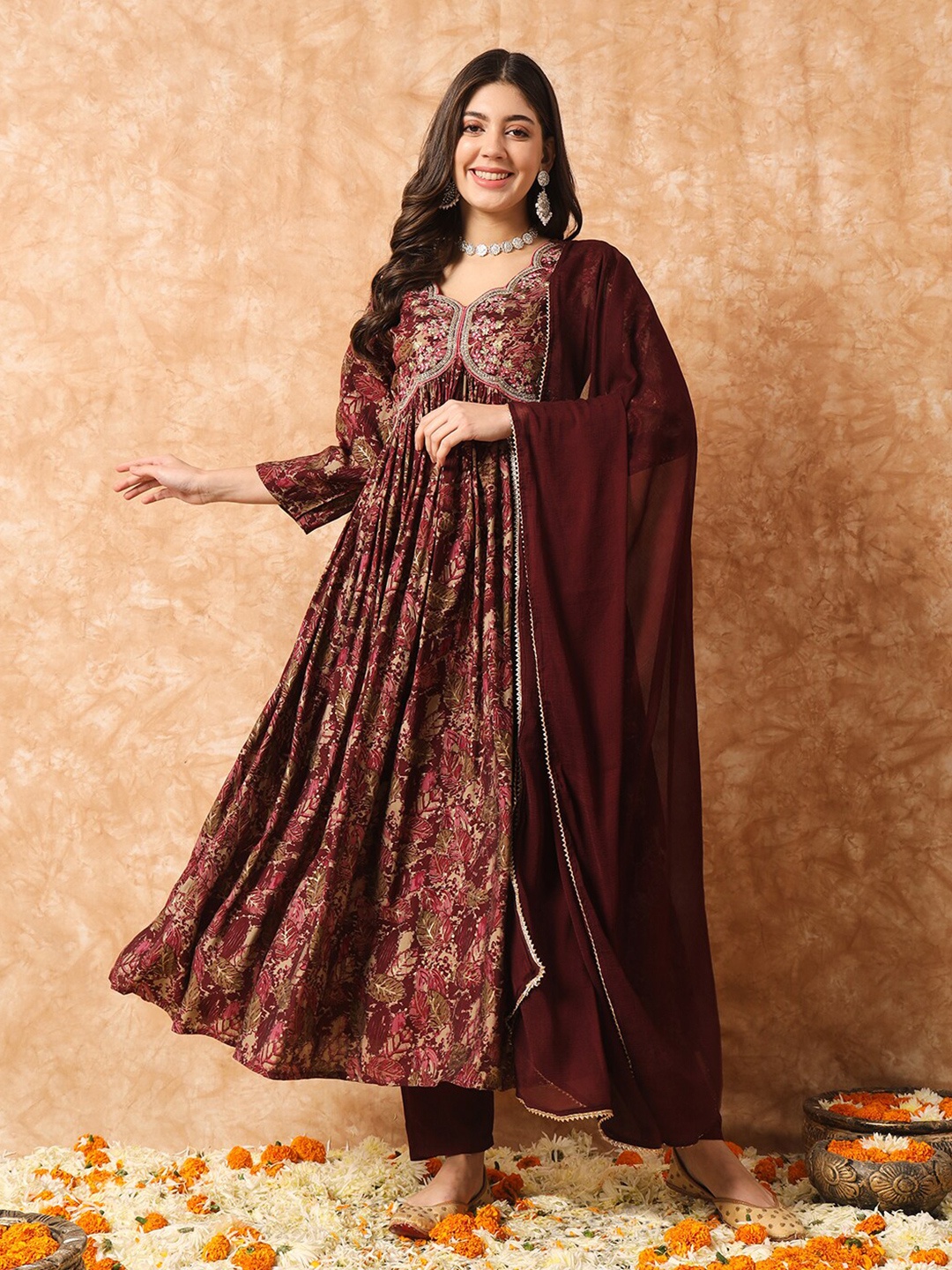 

KALINI Floral Printed Empire Thread Work Anarkali Kurta & Trousers With Dupatta, Purple