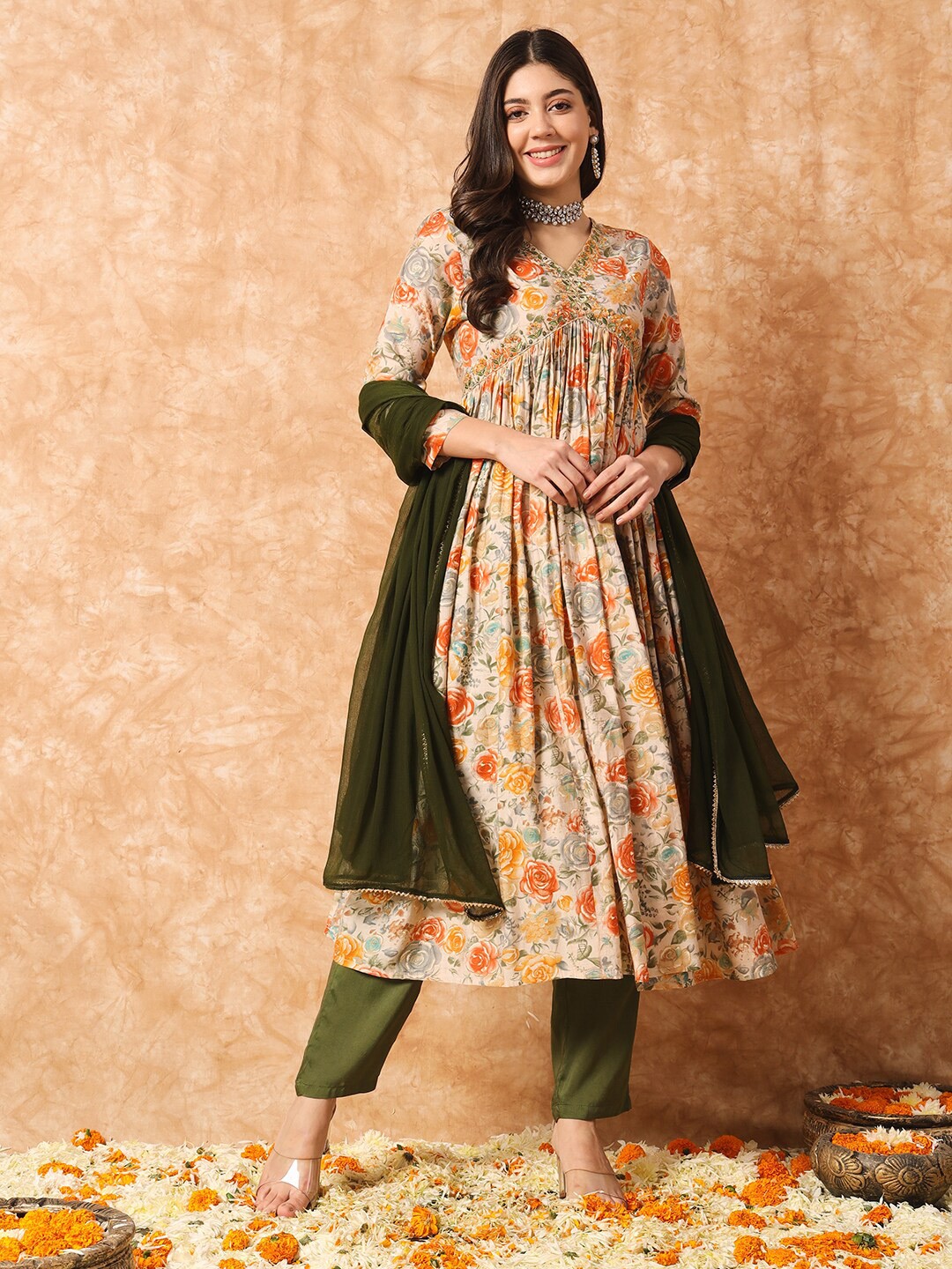 

KALINI Floral Printed Empire Thread Work Anarkali Kurta & Trousers With Dupatta, Beige