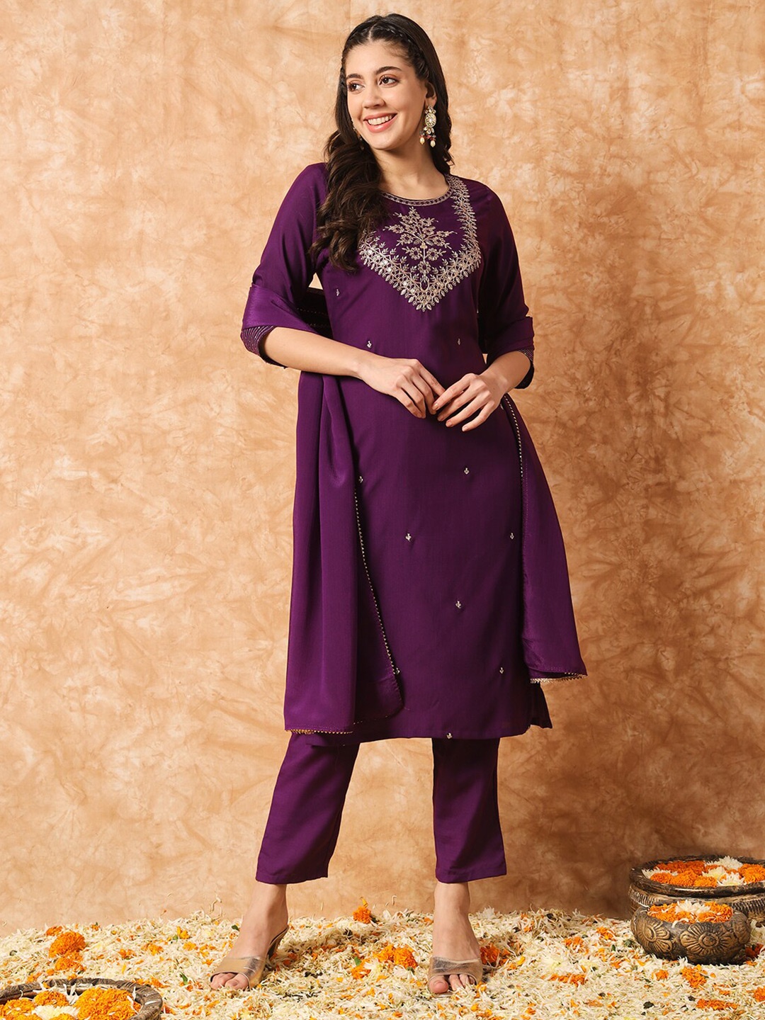 

KALINI Ethnic Motifs Embroidered Straight Kurta & Trousers With Dupatta, Purple