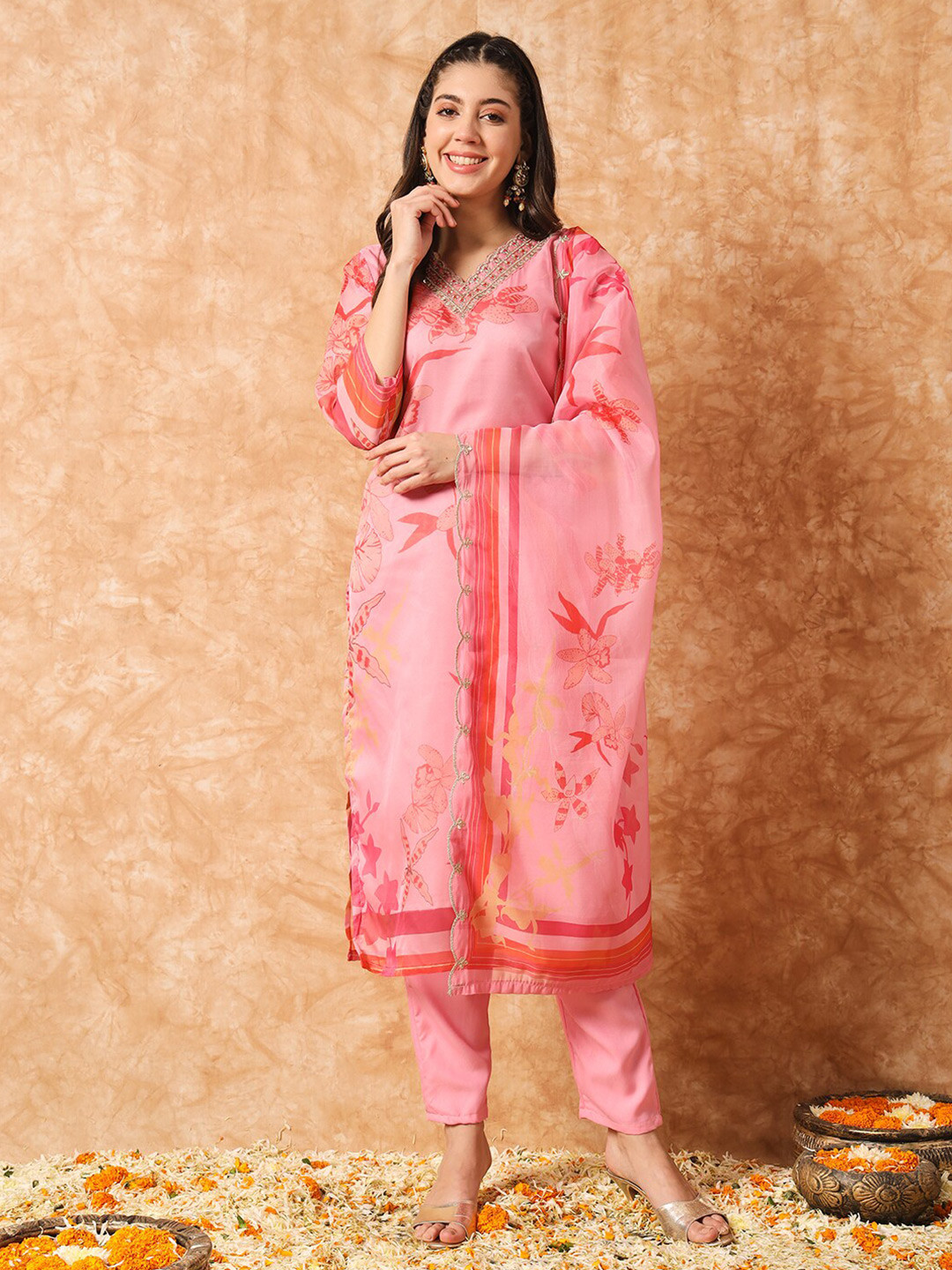 

KALINI Floral Printed Thread Work Straight Kurta & Trousers With Dupatta, Pink
