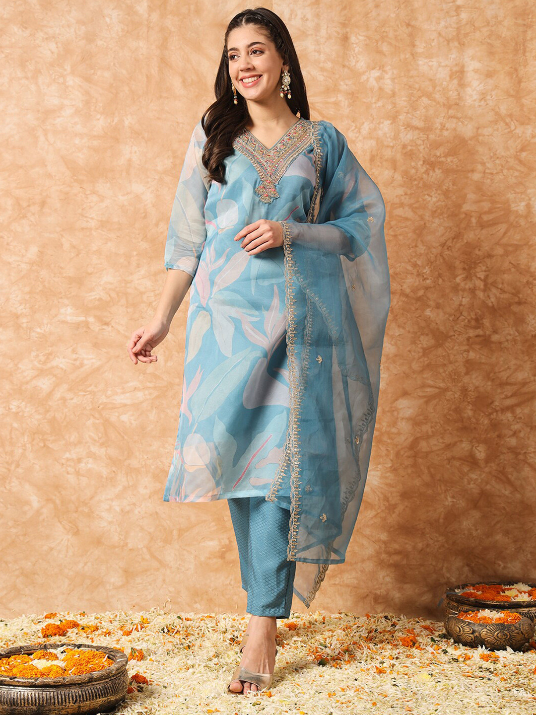 

KALINI Floral Printed Thread Work Straight Kurta & Trousers With Dupatta, Turquoise blue
