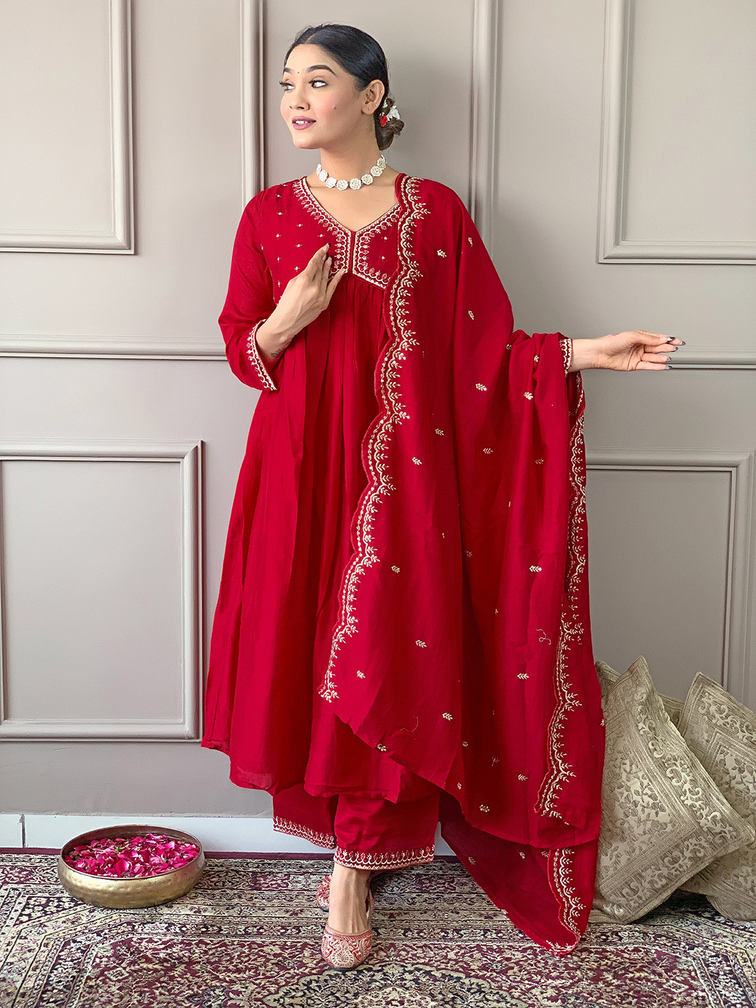 

KALINI Ethnic Motif Embroidered Empire Thread Work Anarkali Kurta & Trousers With Dupatta, Red