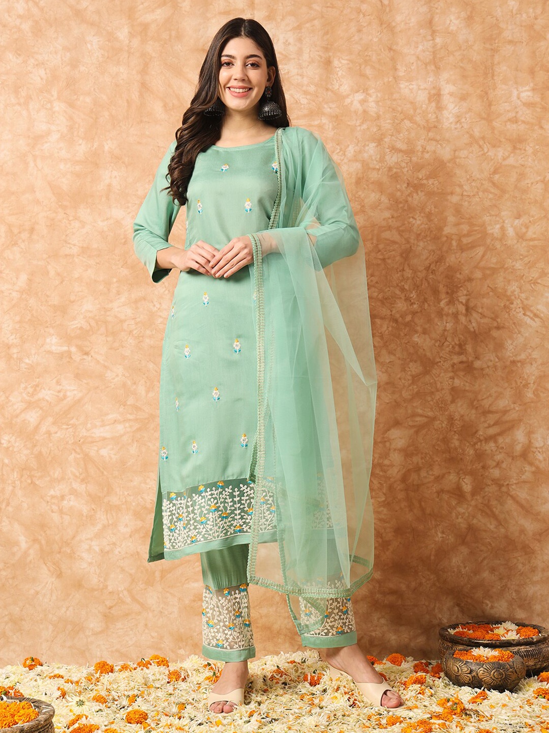 

KALINI Floral Embroidered Pure Cotton Straight Kurta & Trousers With Dupatta, Turquoise blue