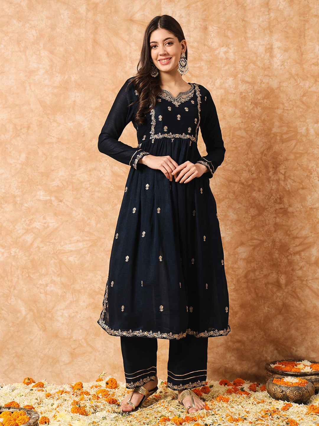 

KALINI Ethnic Motifs Embroidered Regular Thread Work Anarkali Kurta with Trousers, Navy blue