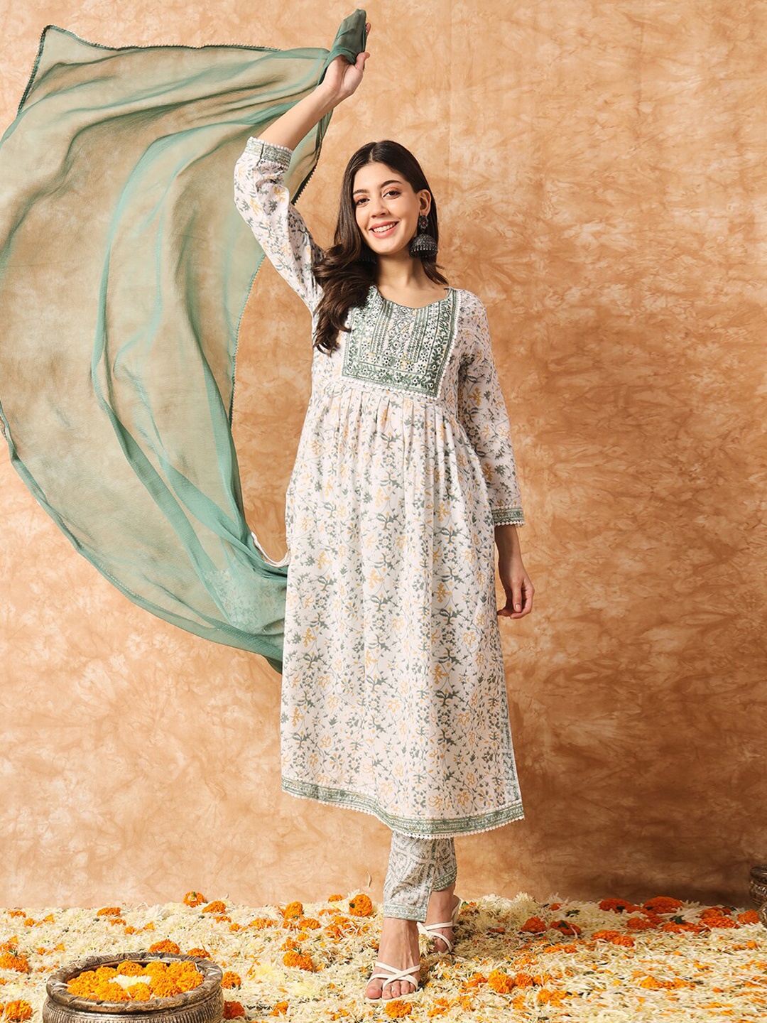 

KALINI Floral Printed Regular Thread Work Pure Cotton Kurta With Trousers & Dupatta, Green