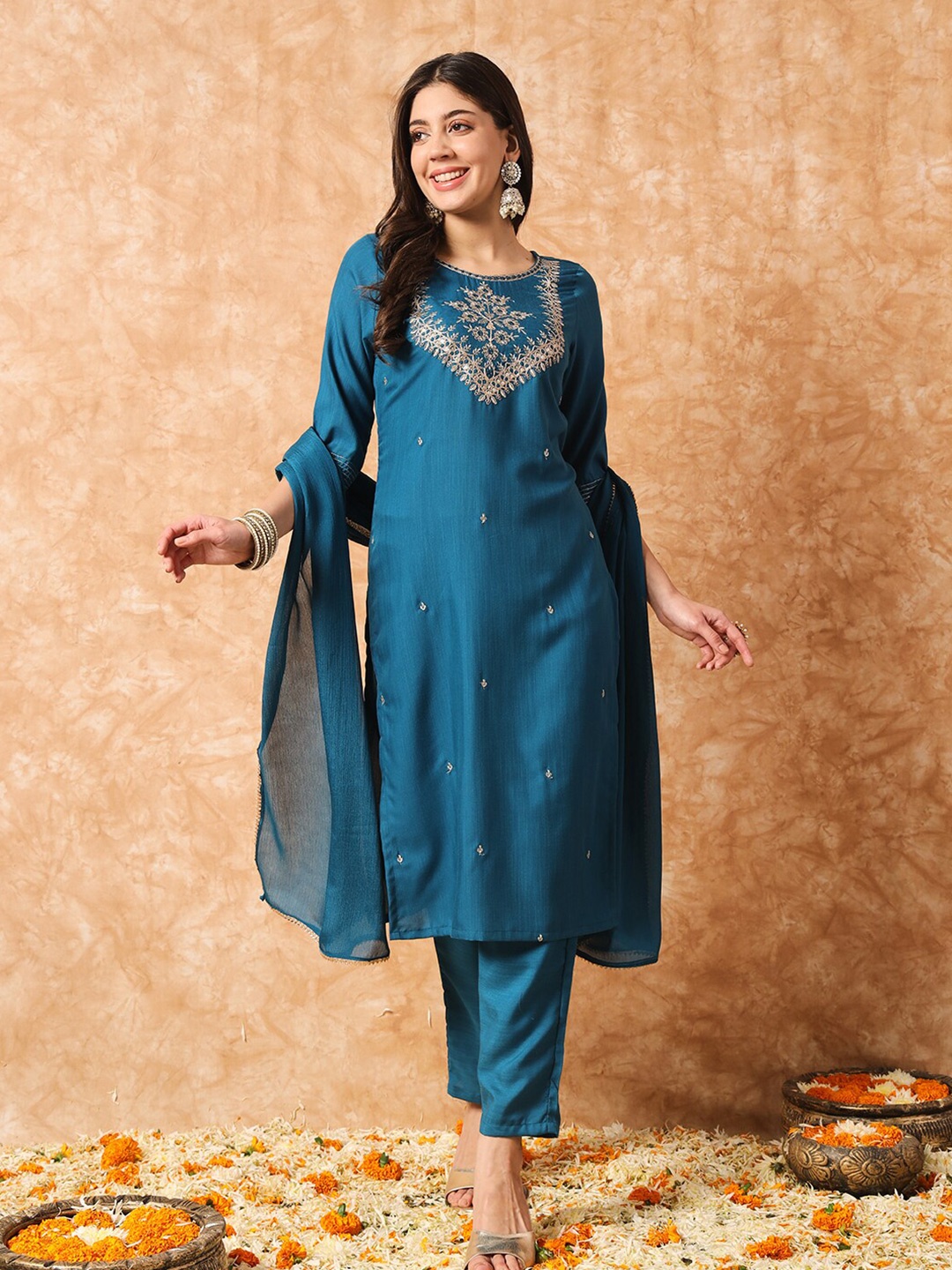 

KALINI Ethnic Motifs Embroidered Regular Kurta With Trousers & Dupatta, Turquoise blue