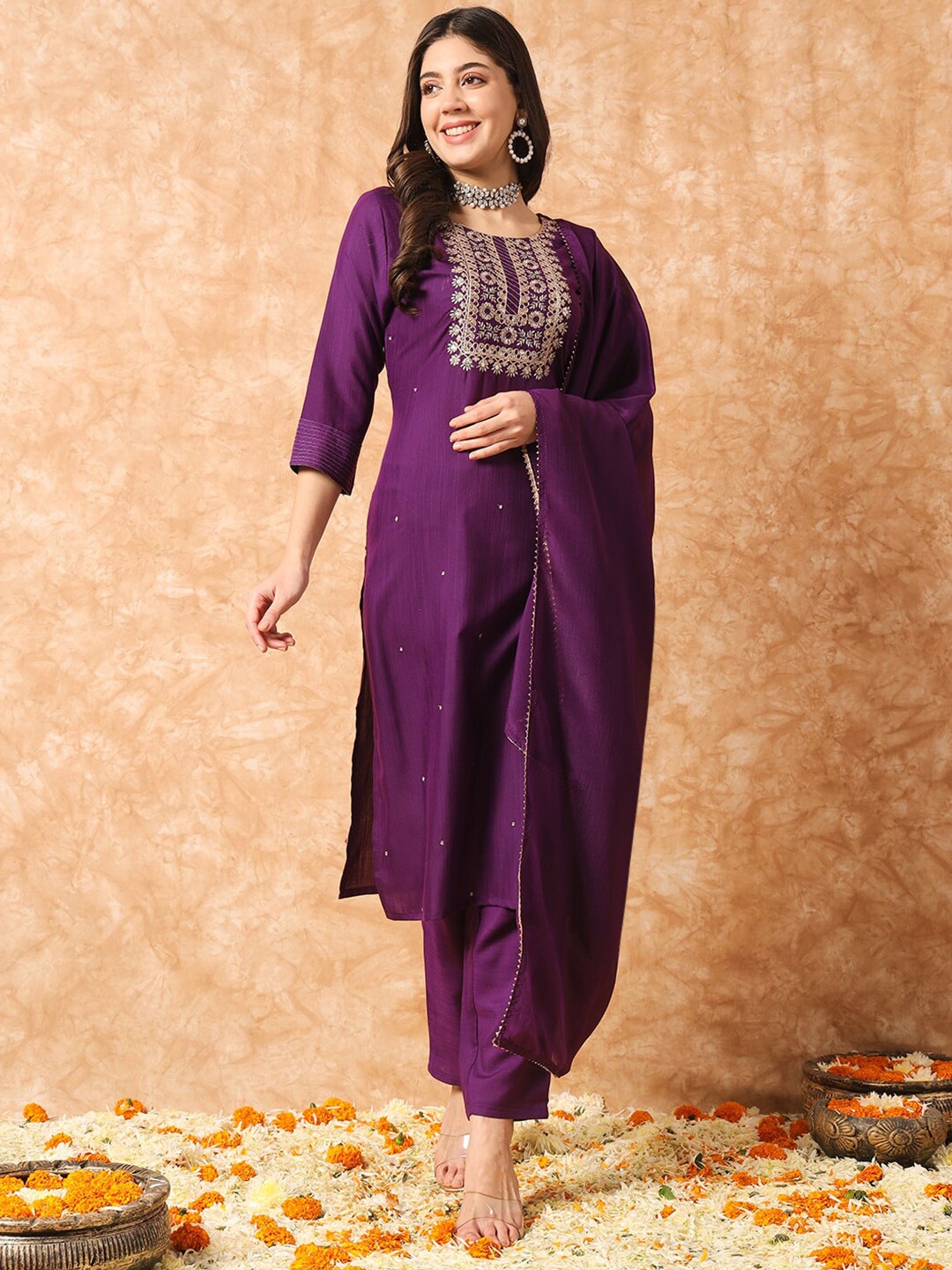 

KALINI Ethnic Motifs Embroidered Straight Kurta with Trousers & Dupatta, Purple