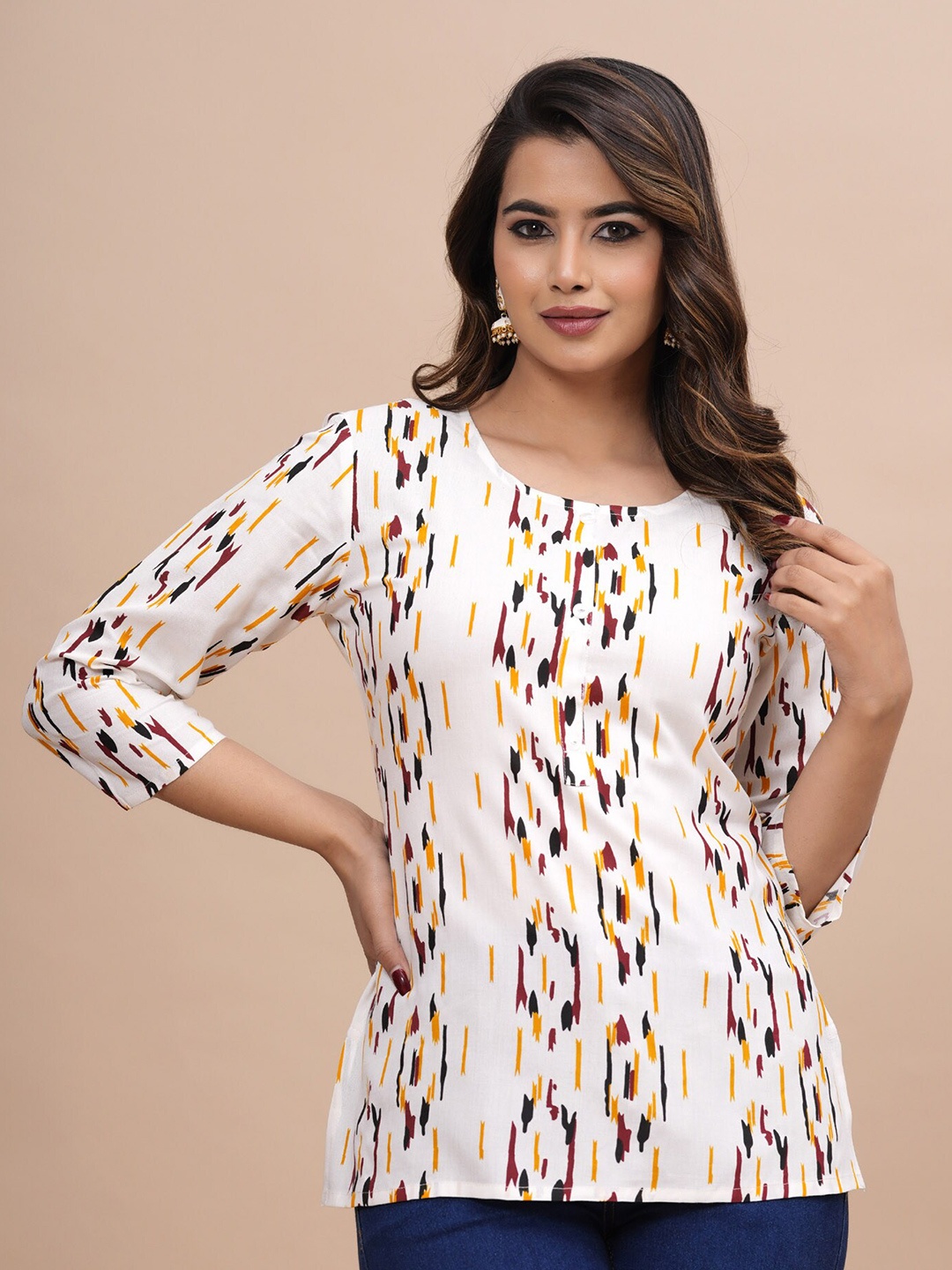 

BAESD Abstract Printed Short Kurti, White