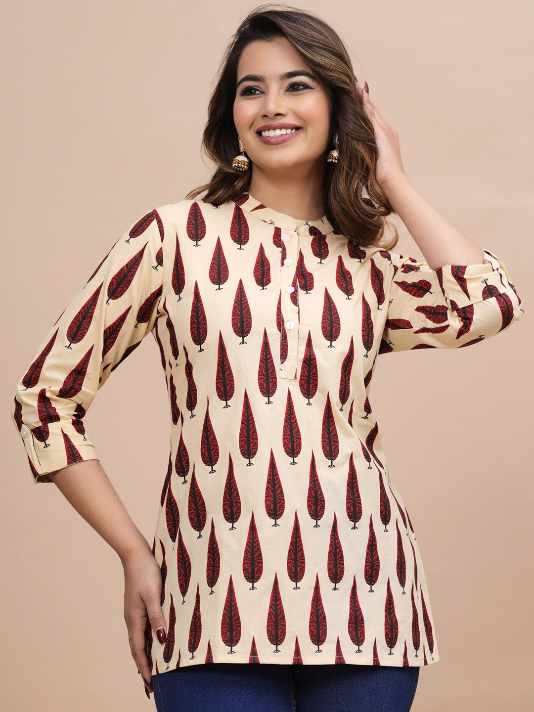

BAESD Floral Printed Mandarin Collar Pure Cotton Kurti, Beige