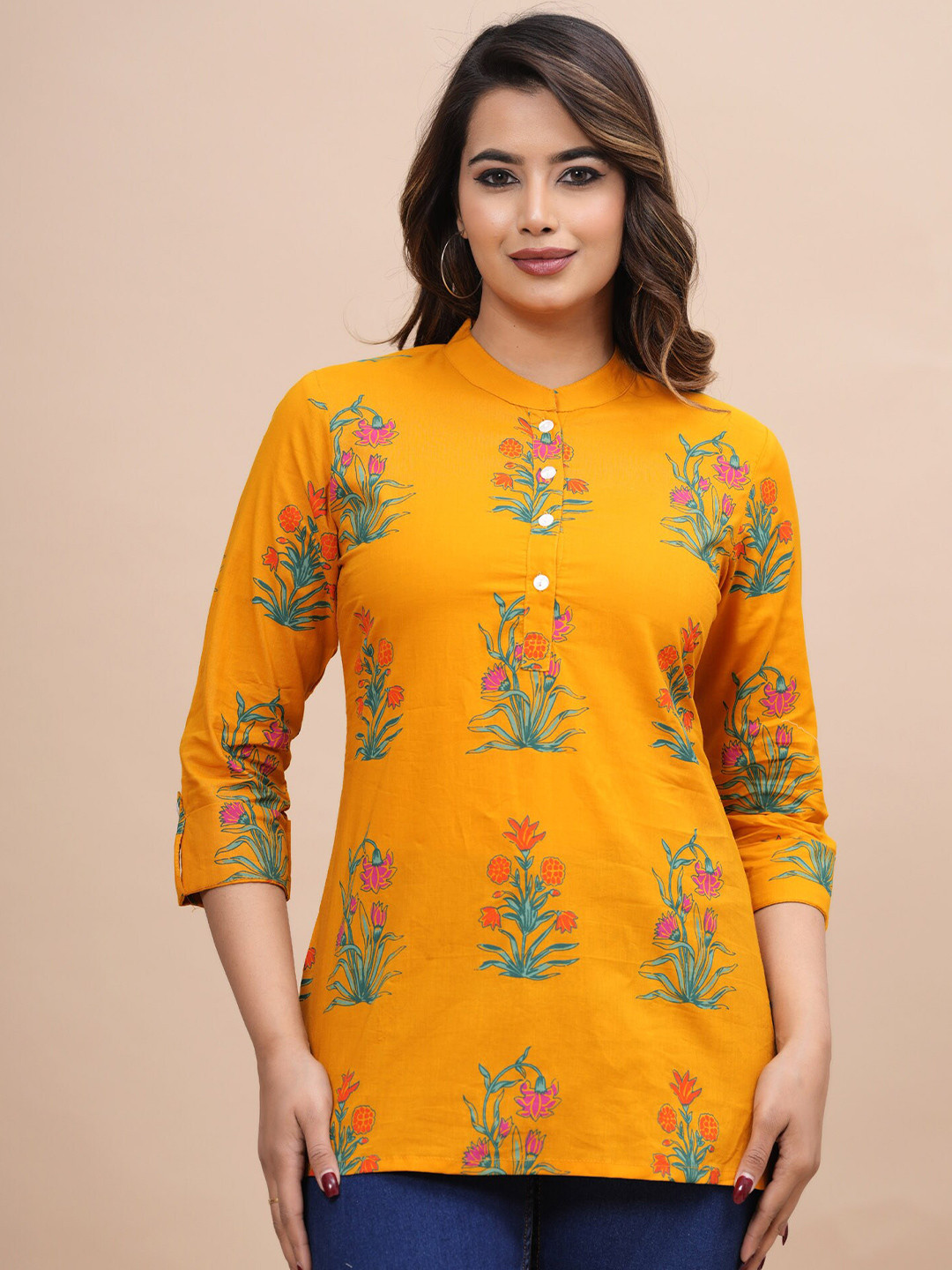 

BAESD Floral Printed Pure Cotton Kurti, Yellow