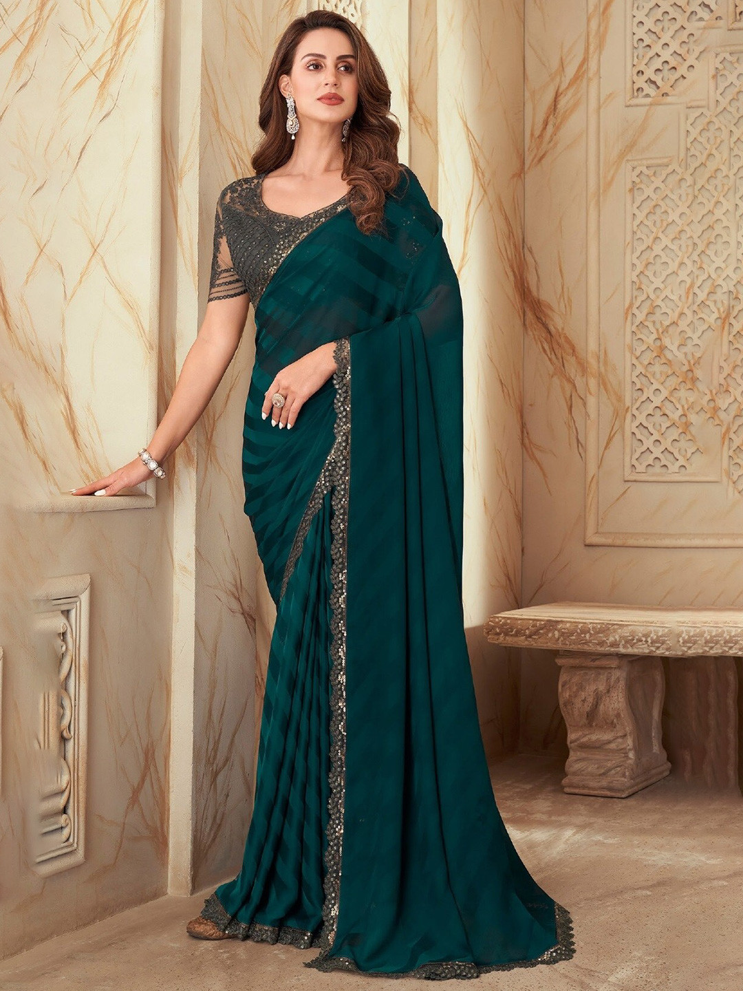 

Reboot Fashions Striped Woven Design Embellished Silk Georgette Maheshwari Saree, Teal