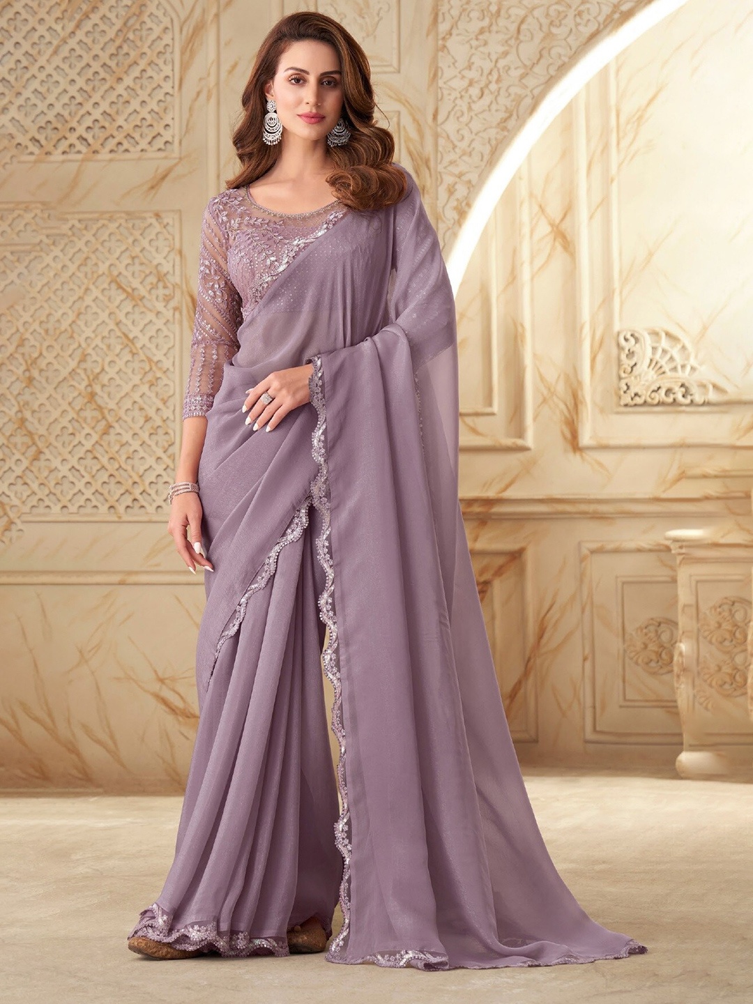 

Reboot Fashions Embroidered Silk Georgette Saree, Mauve