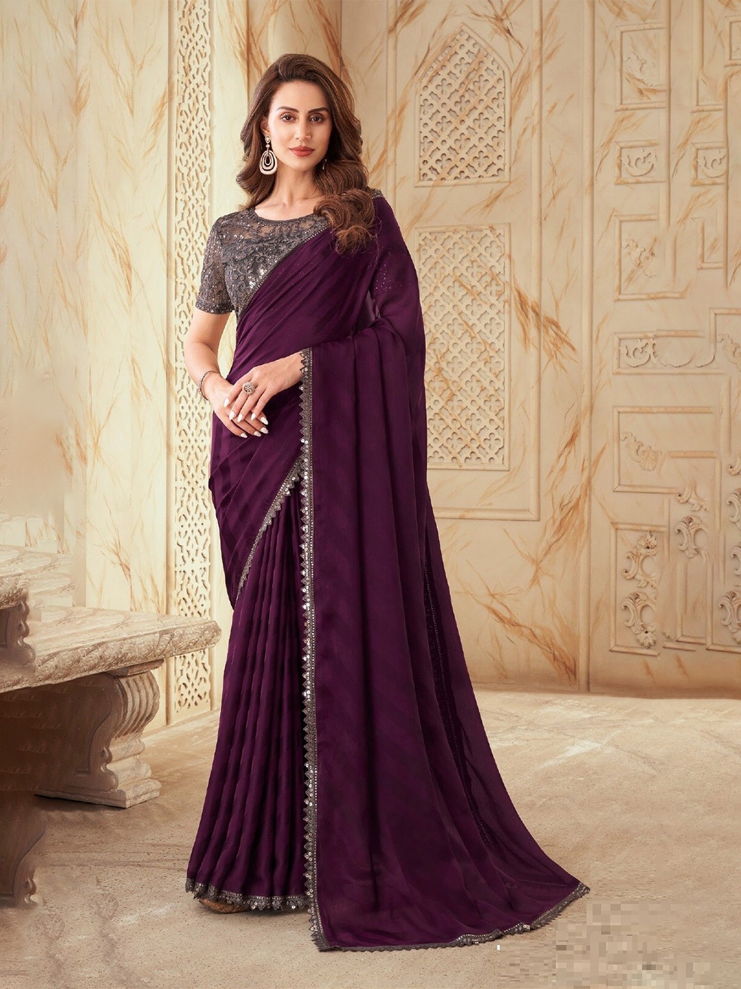 

Reboot Fashions Striped Woven Design Embellished Silk Georgette Saree, Purple
