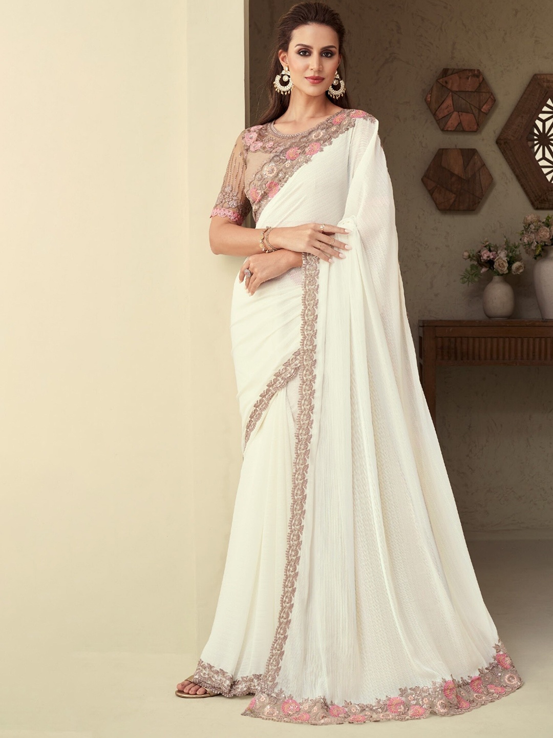 

Reboot Fashions Embroidered Pure Silk Saree, Off white