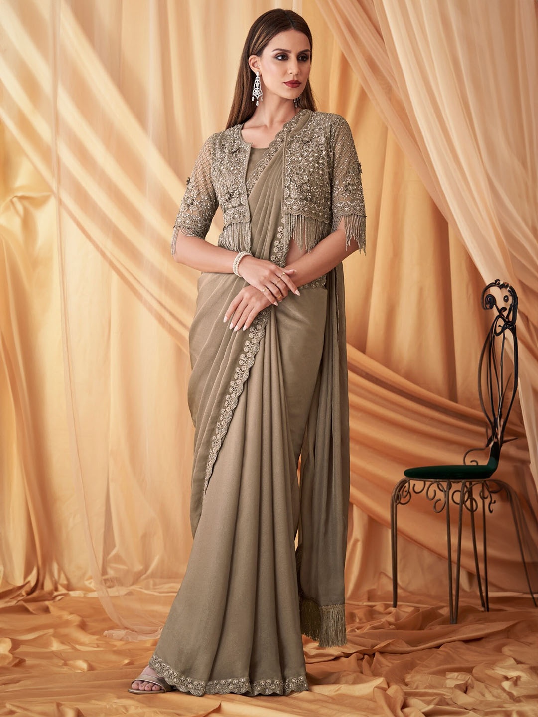 

Reboot Fashions Sequinned Embroidered Silk Georgette Maheshwari Saree, Beige