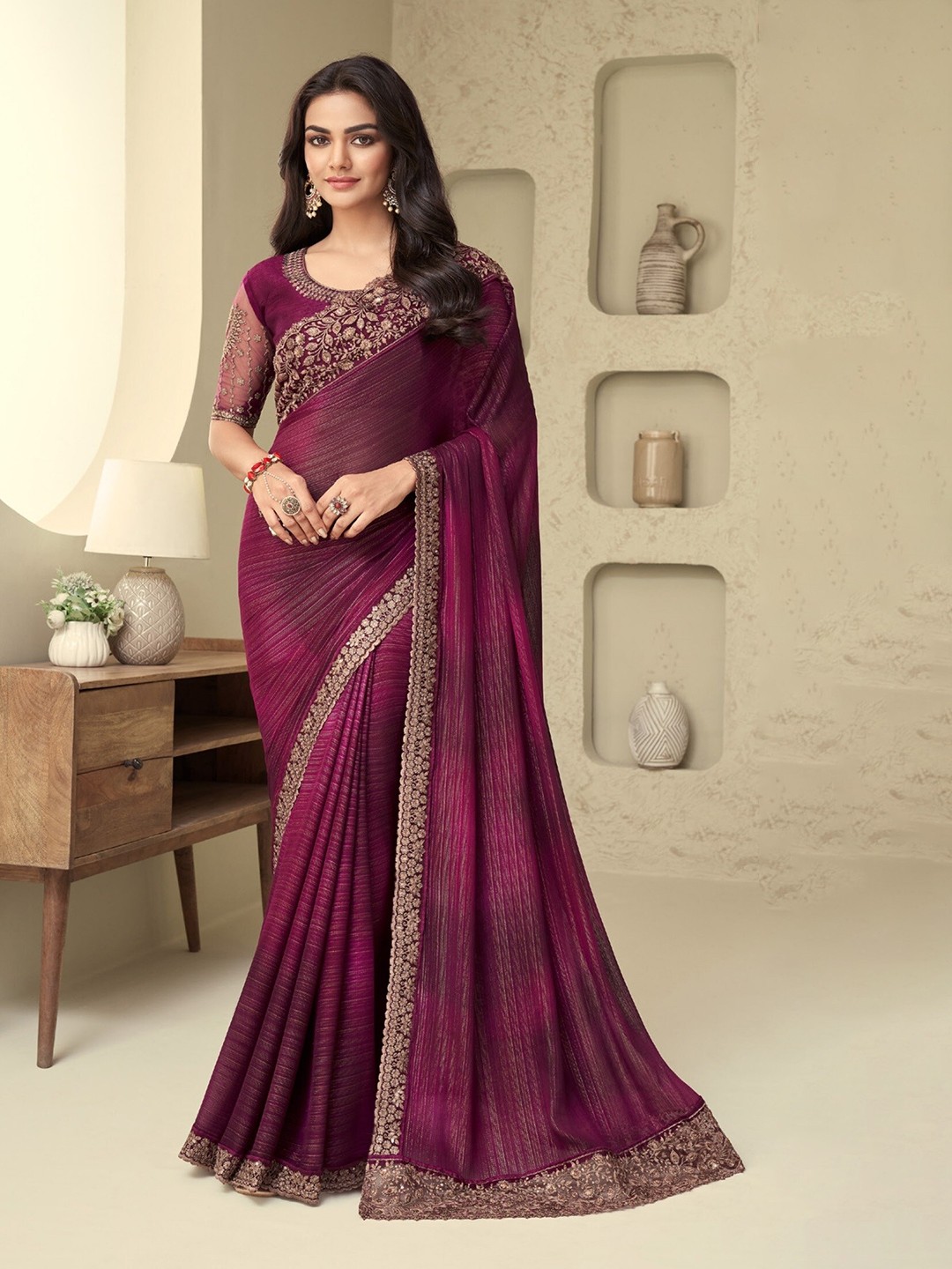 

Reboot Fashions Striped Woven Design Embroidered Silk Georgette Maheshwari Saree, Purple
