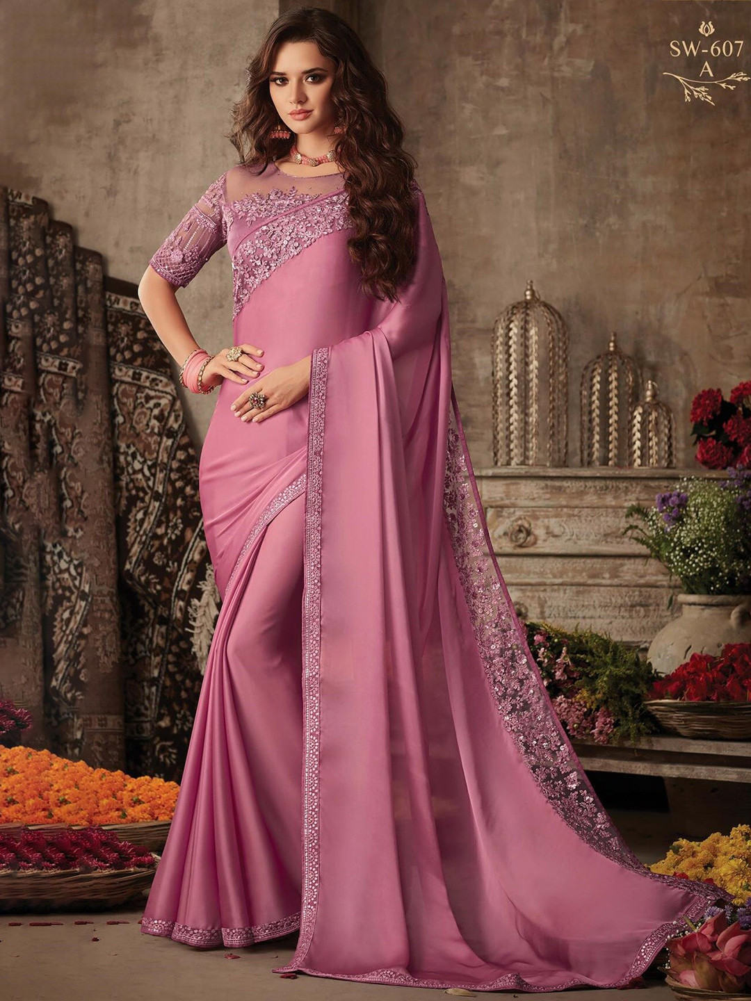 

Reboot Fashions Embroidered Pure Chiffon Maheshwari Saree, Pink