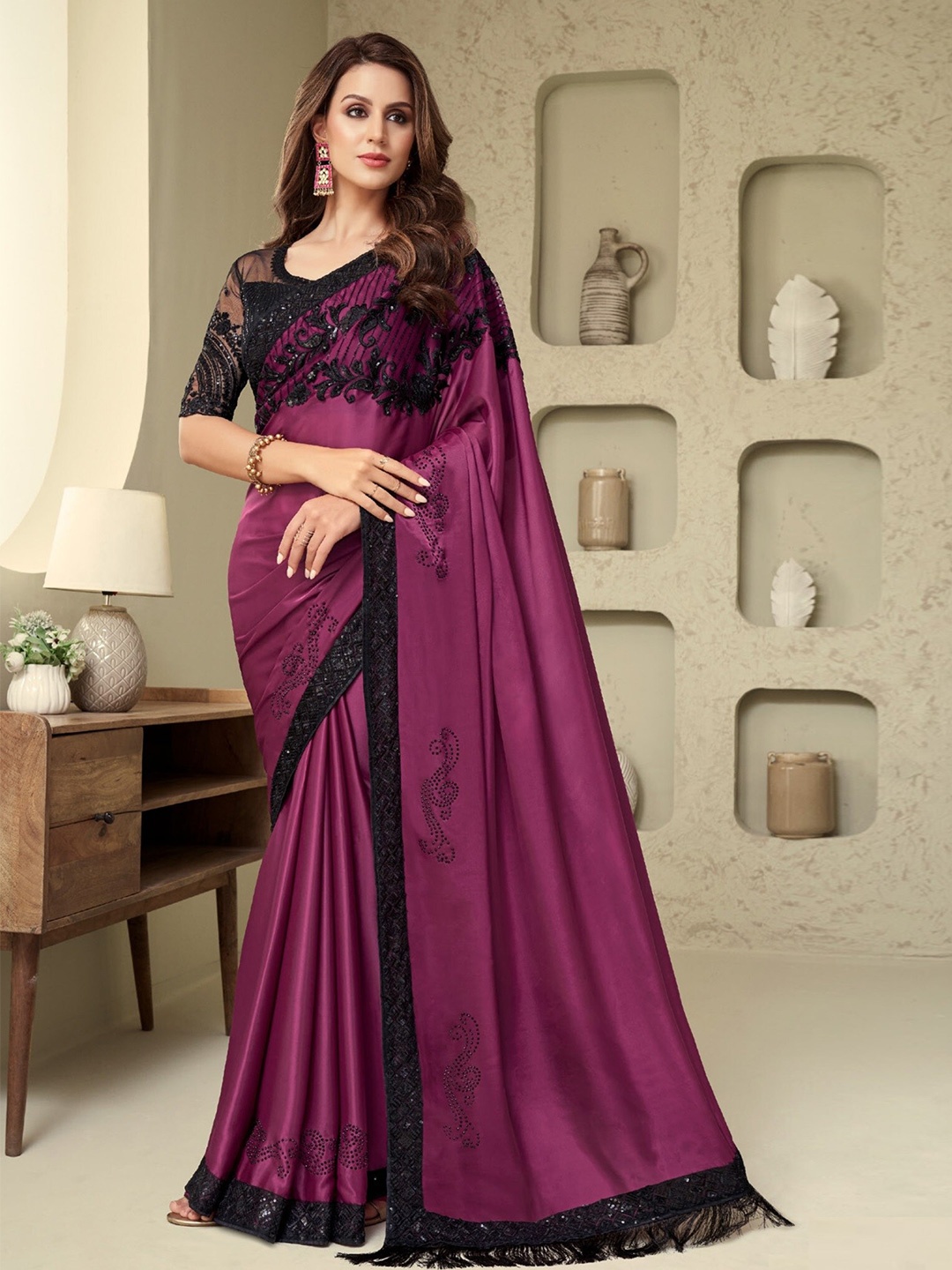 

Reboot Fashions Embellished Silk Georgette Saree, Purple
