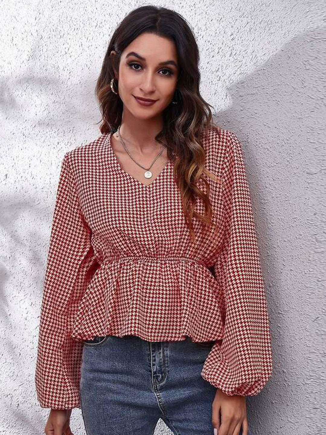 

DressBerry Red Bell Sleeve V-Neck Opaque Casual Top