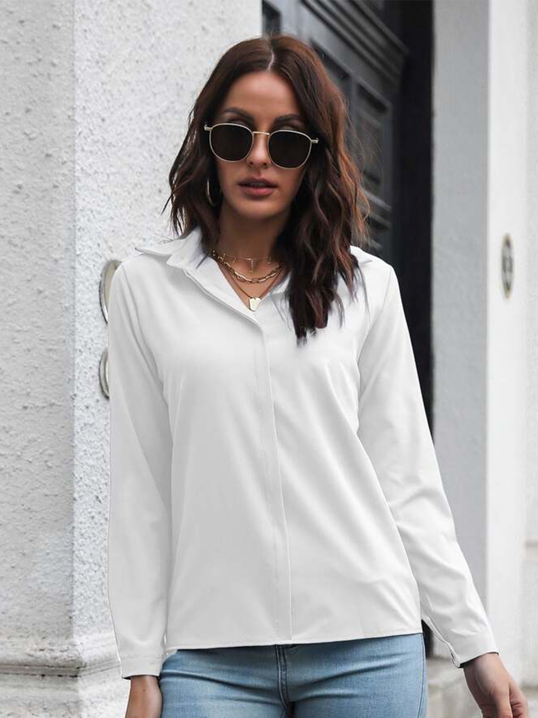 

DressBerry White Shirt Collar Opaque Shirt Style Top