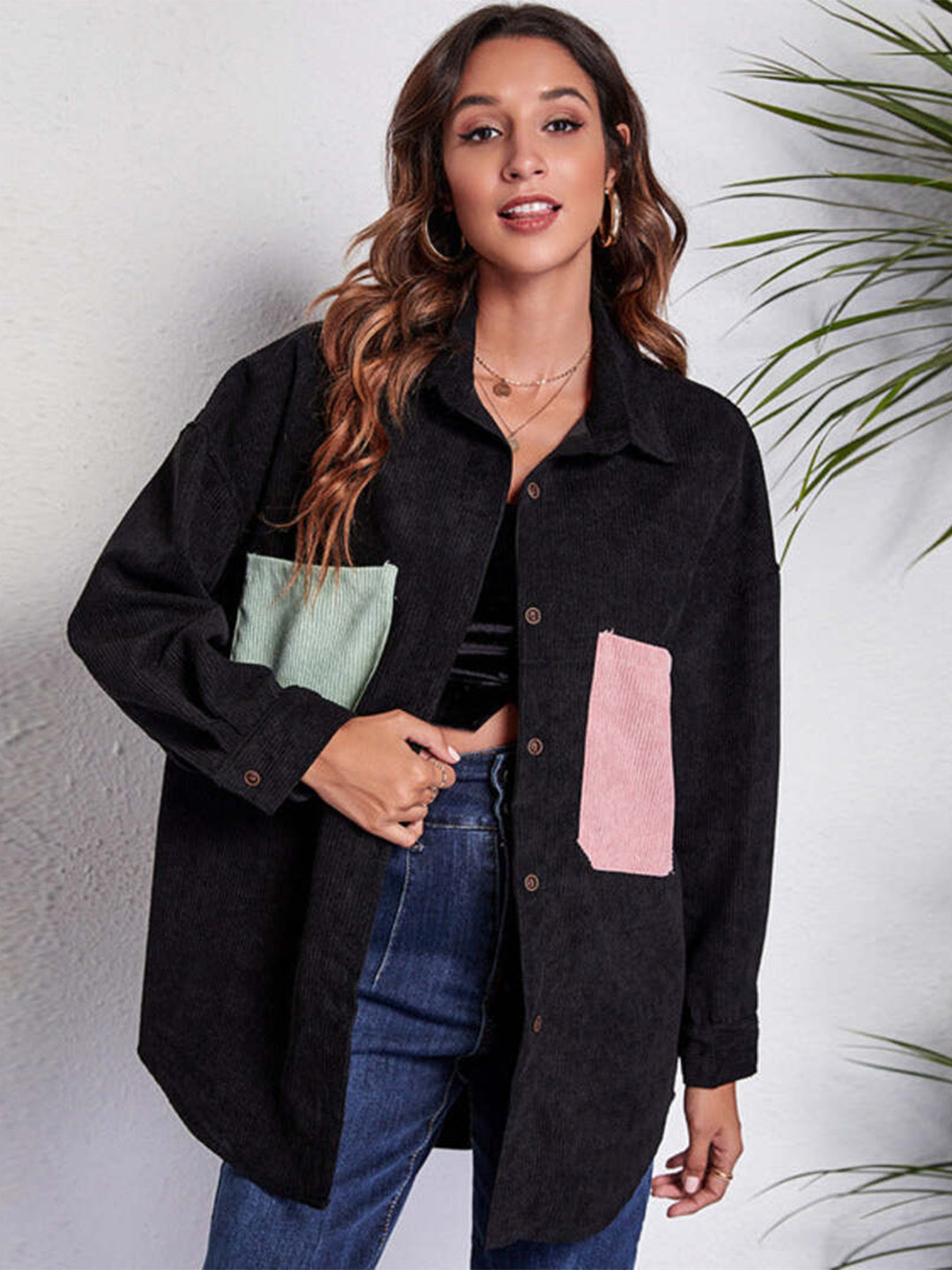 

DressBerry Spread Collar Drop-Shoulder Sleeves Contrast Pocket Corduroy Oversized Shirt, Black