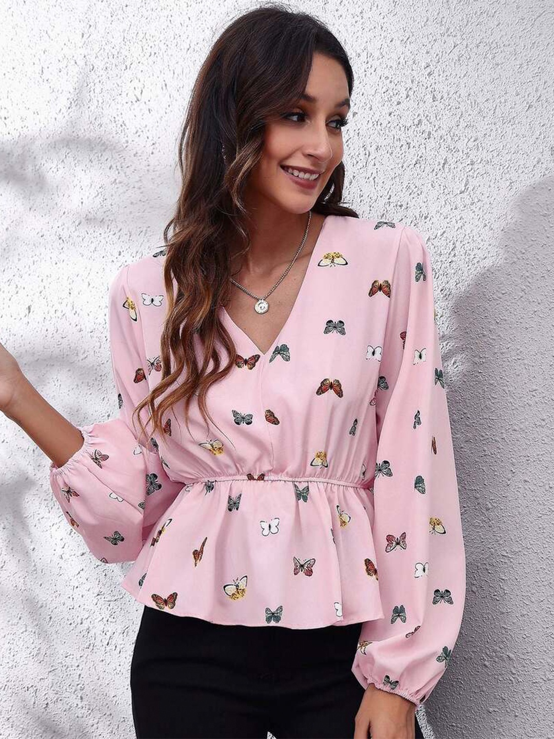 

DressBerry Pink Floral Print V-Neck Puff Sleeve Wrap Top