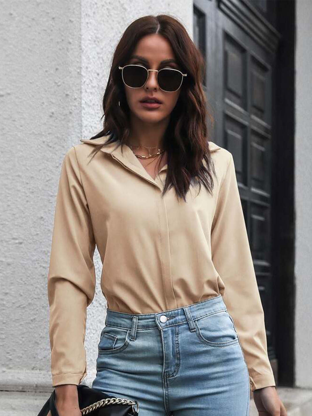 

DressBerry Khaki Solid Chiffon Top