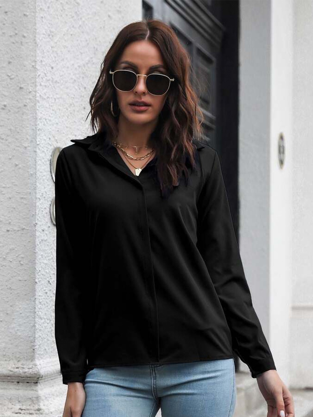 

DressBerry Spread Collar Long Sleeves Regular Fit Casual Shirt, Black