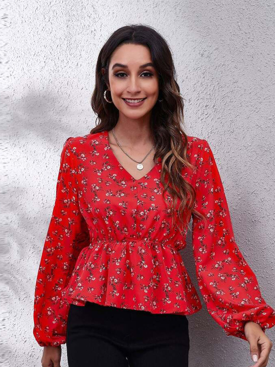 

DressBerry Red Floral Print V-Neck Puff Sleeves Wrap Top