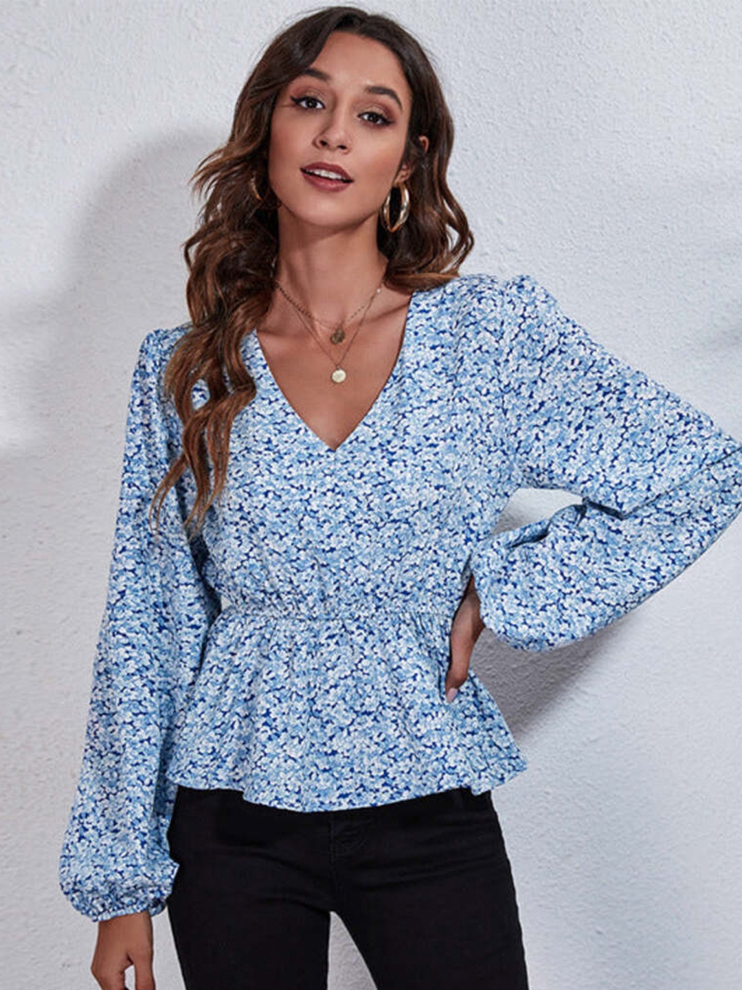 

DressBerry Blue Geometric Print V-Neck Bishop Sleeves New Basics Wrap Casual Top