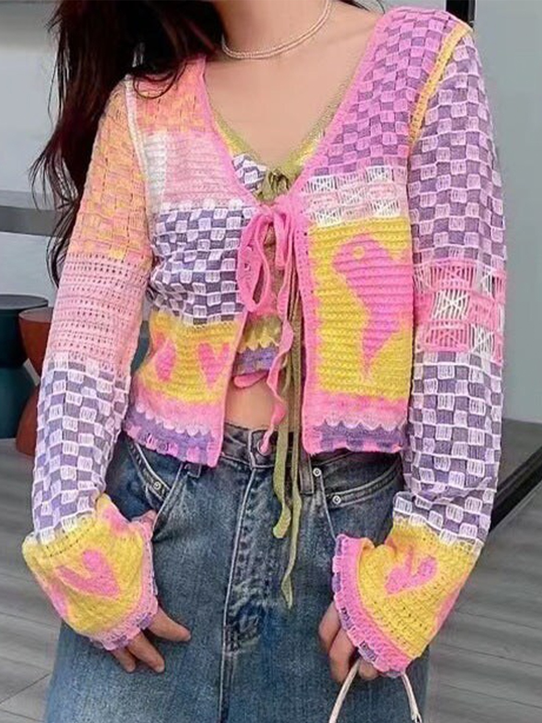 

DressBerry Pink & Yellow Self Design Woollen Cardigan