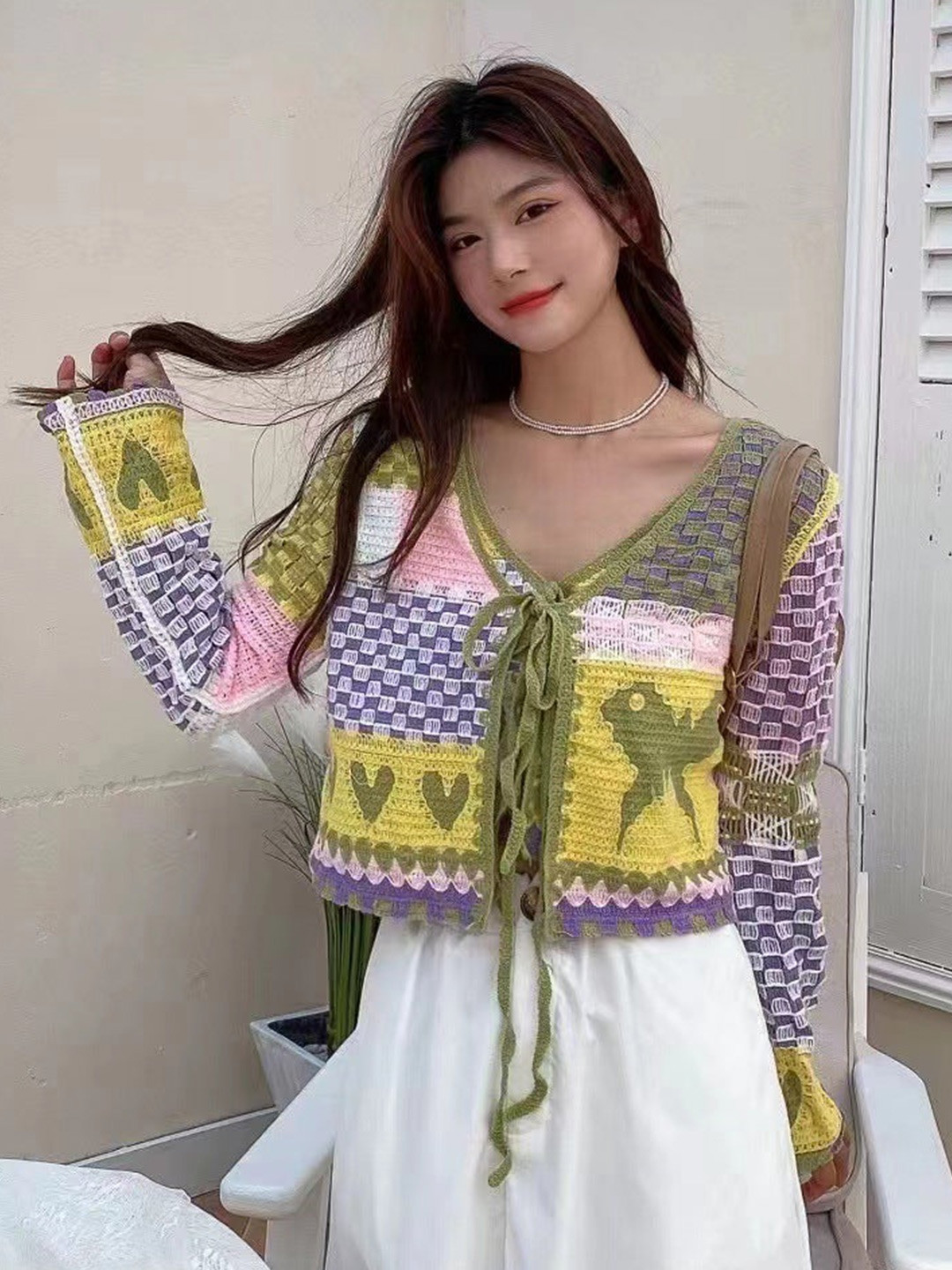 

DressBerry Green & Yellow Self Design Woollen Cardigan